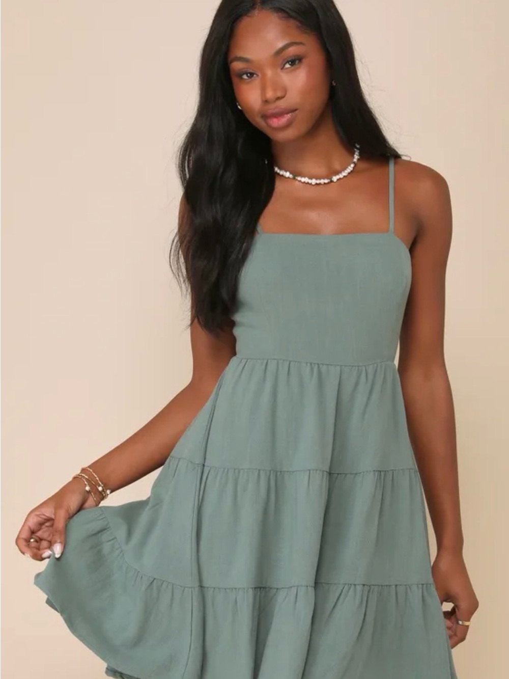 Lulu's Sage Green Tiered Spaghetti Strap Mini Dress